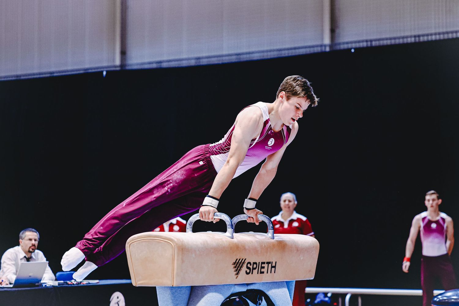 A gymnast in a black leotard performs an elegant pose with raised arms during a competition.