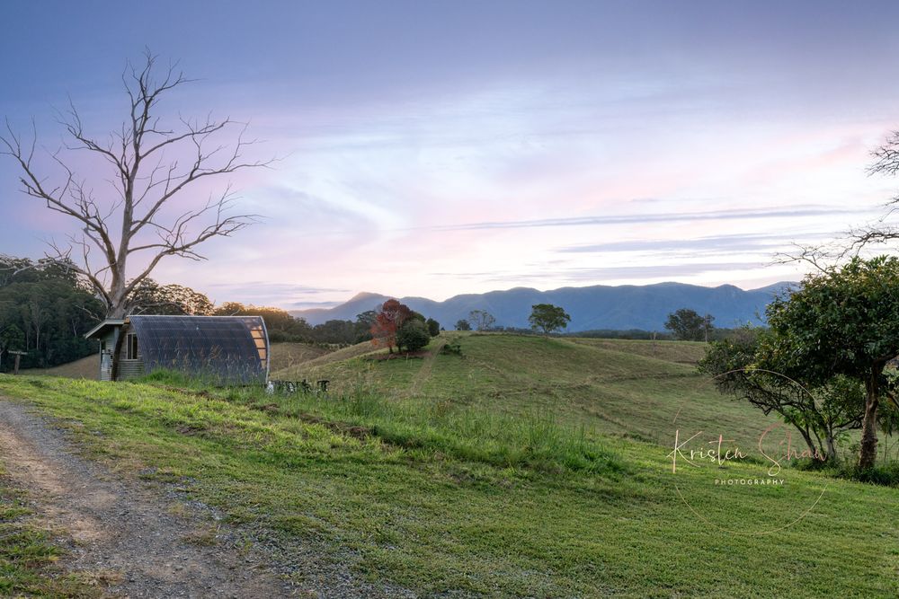 Rural countryside landscape with green pastures, mountains in the distance, and a dirt road at sunset.