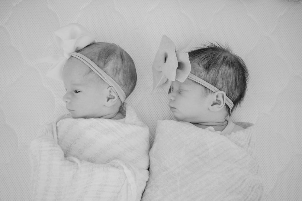 Artistic black and white newborn portrait of twin baby girls.