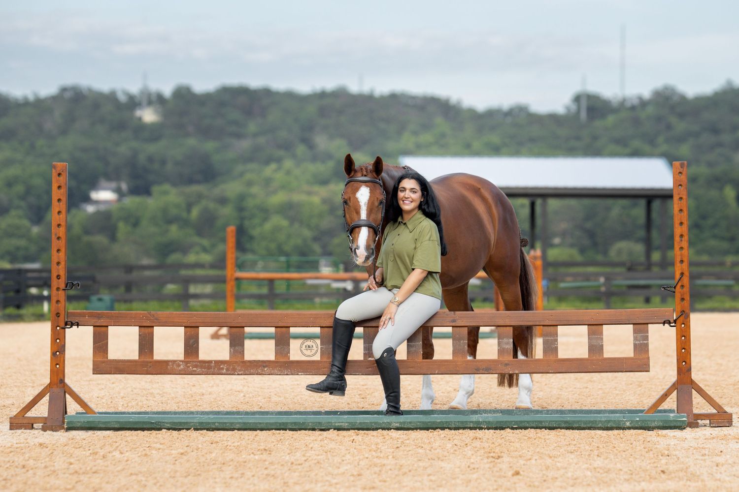 A beautiful bay horse and rider sit together on wooden jumping rails in an outdoor arena.