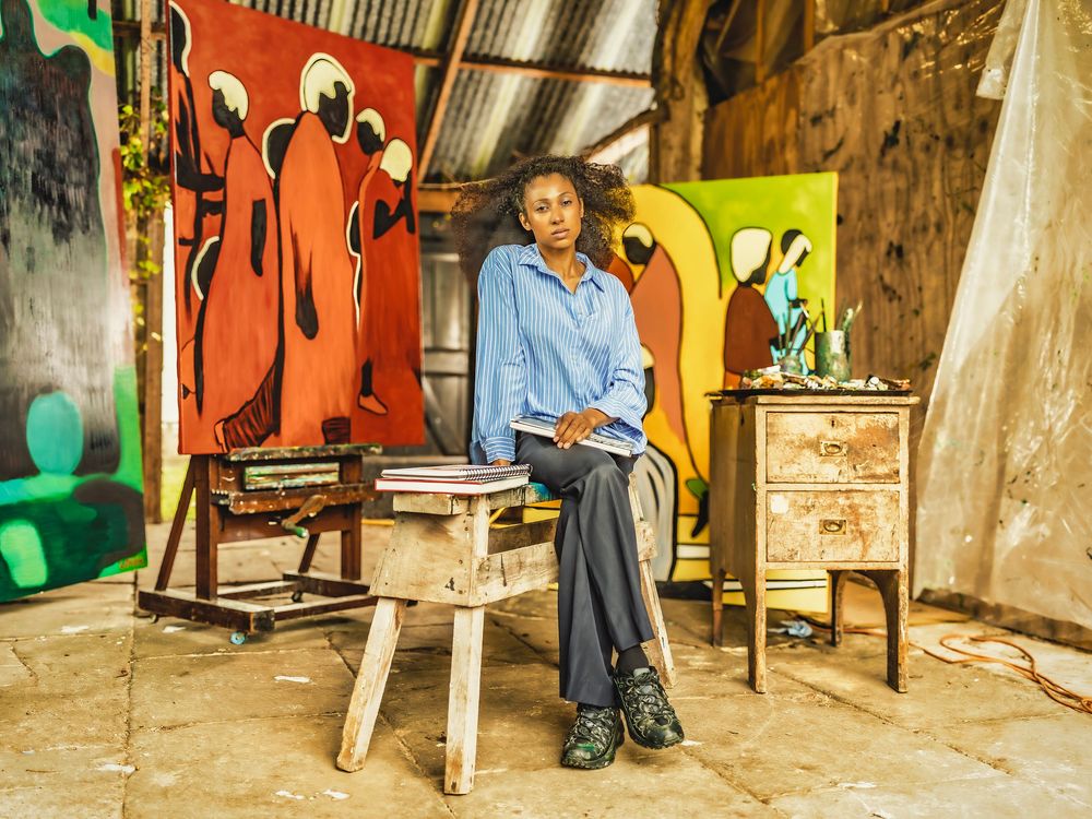 Editorial portrait of artist Edwina Longe in her barn studio, Suffolk