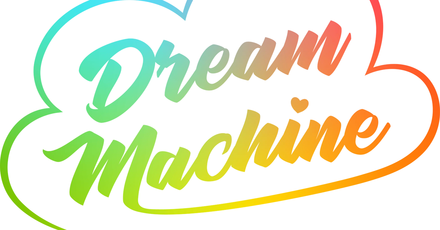 Colorful gradient text logo design reading 'Dream Machine' in playful script lettering with teal, green and coral colors.