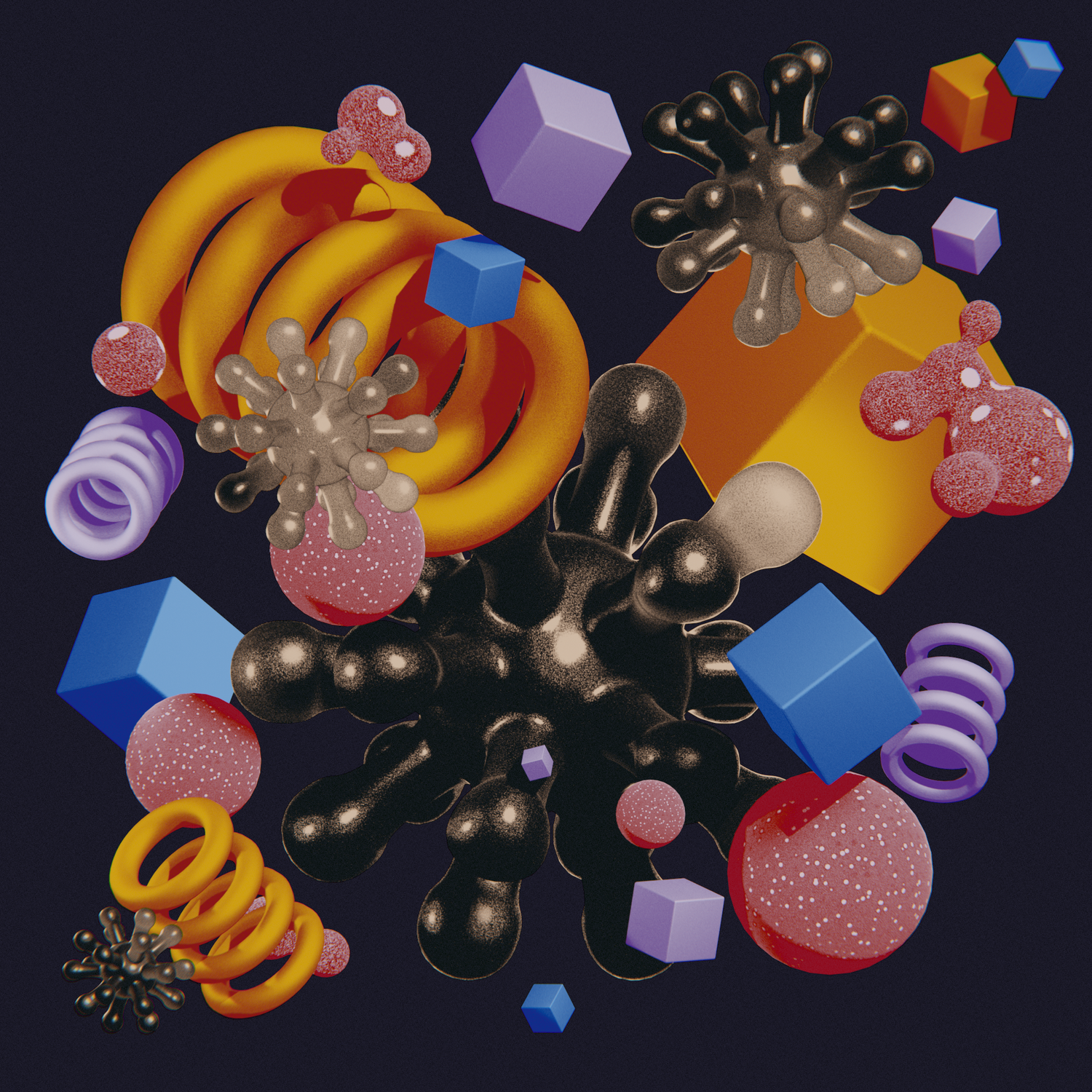 3D illustration of colorful geometric shapes and black splatters floating against dark background with pinks and purples.