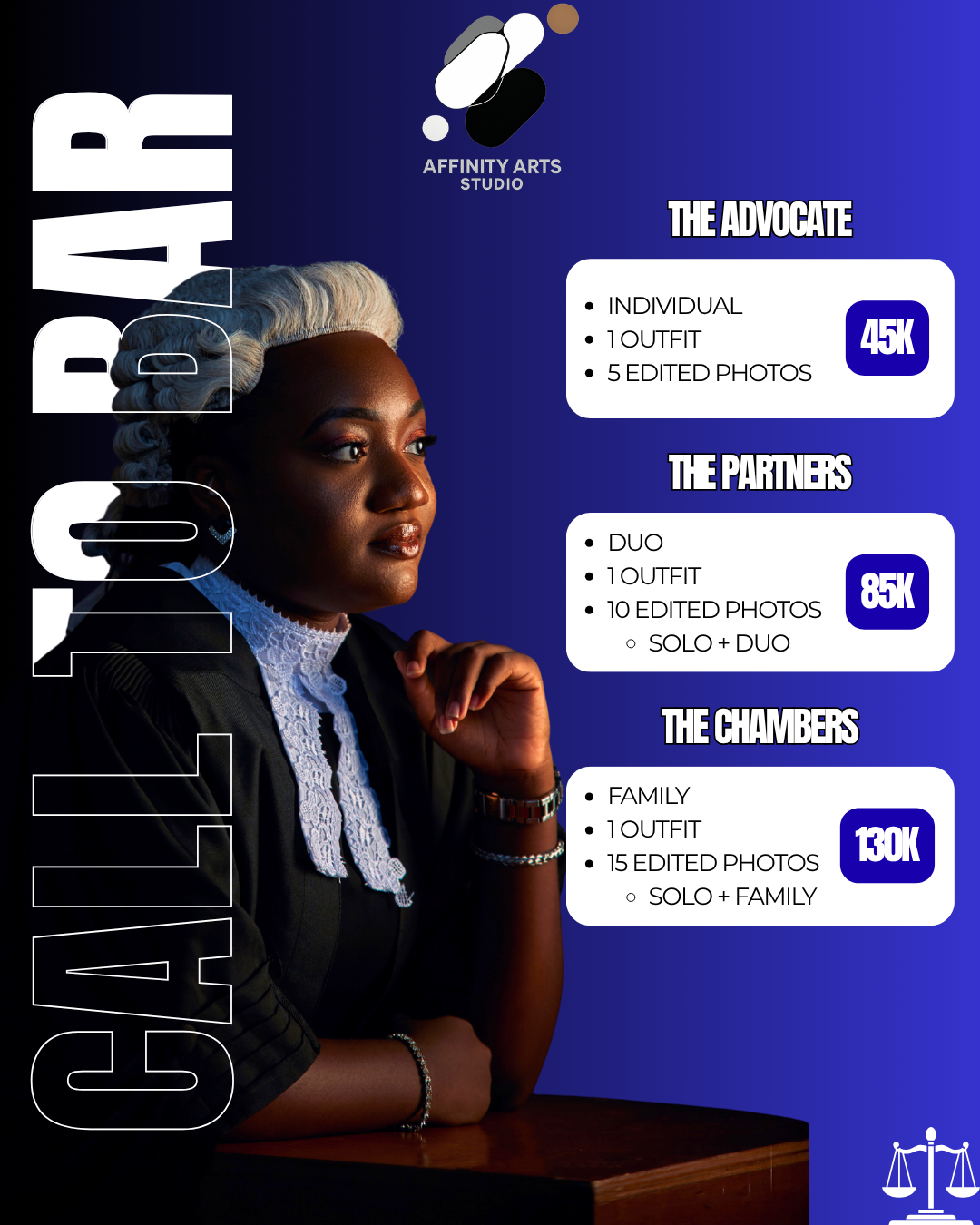 Affinity Arts Studio Call to Bar photography packages flyer featuring advocate, partners, and chambers pricing options.