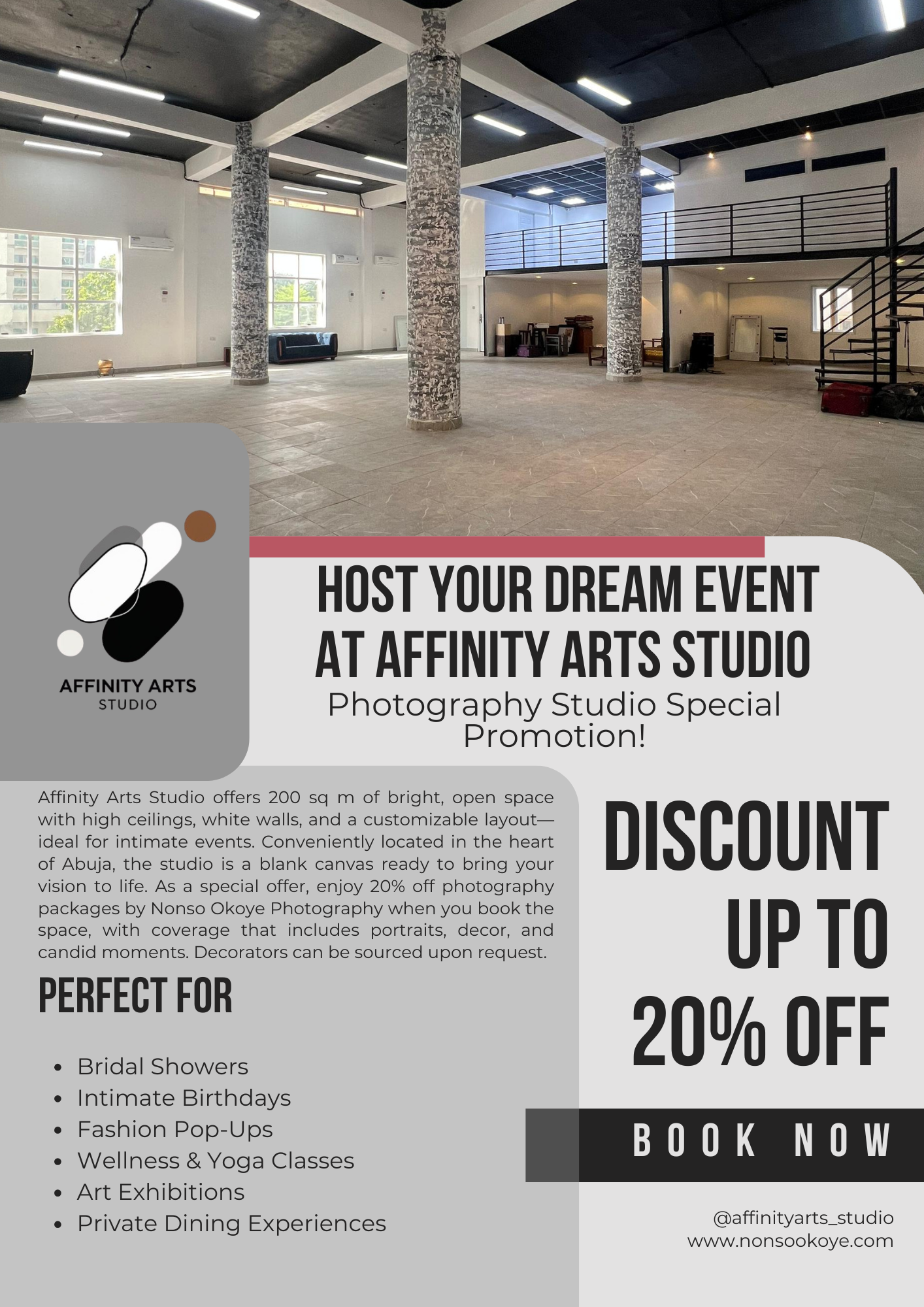 Modern industrial event space with exposed columns and high ceilings advertising photography studio rental discounts at Affinity Arts.
