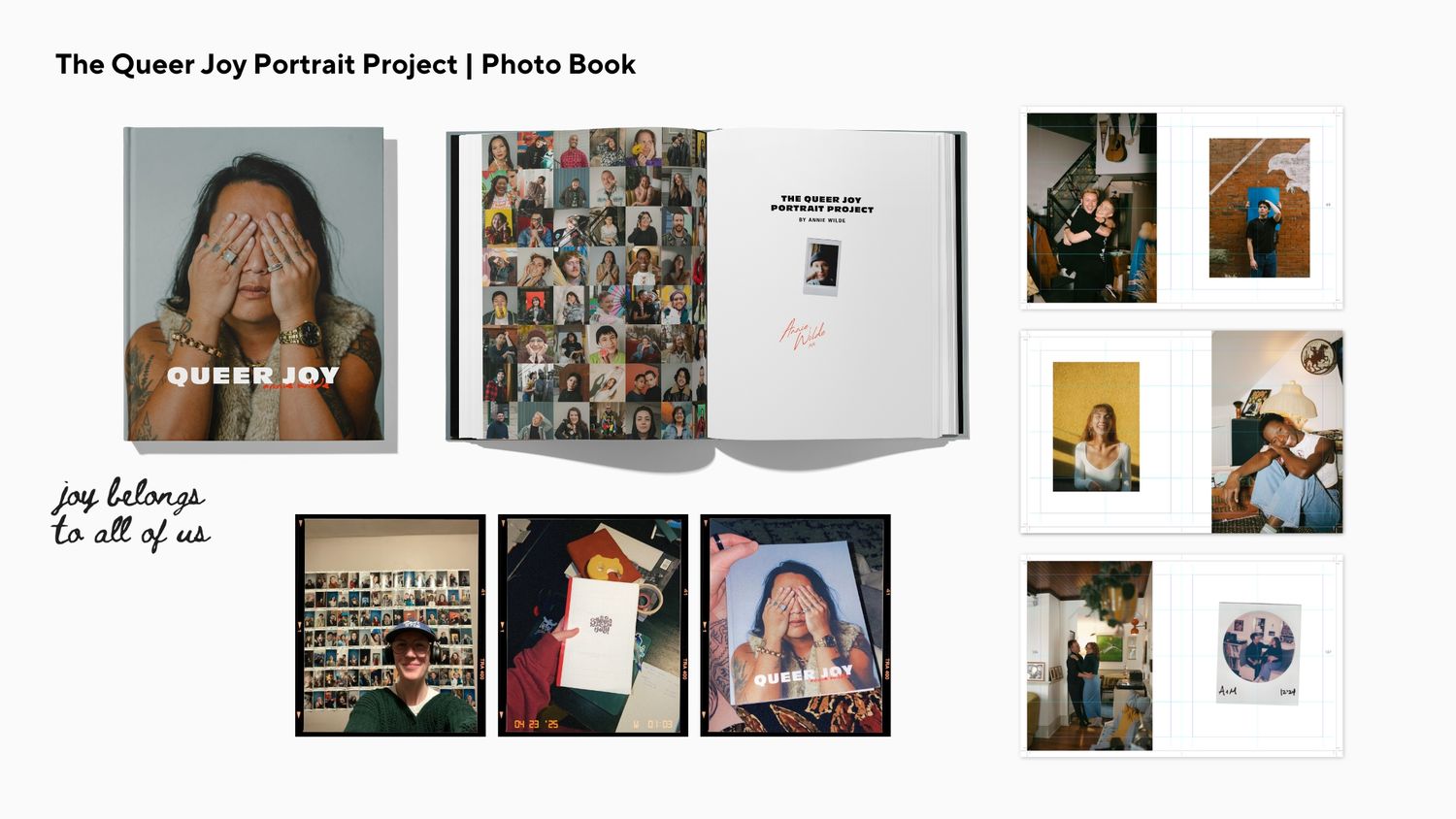 A collection of photo book pages and layouts showing various artistic portraits and candid moments arranged in a grid display.