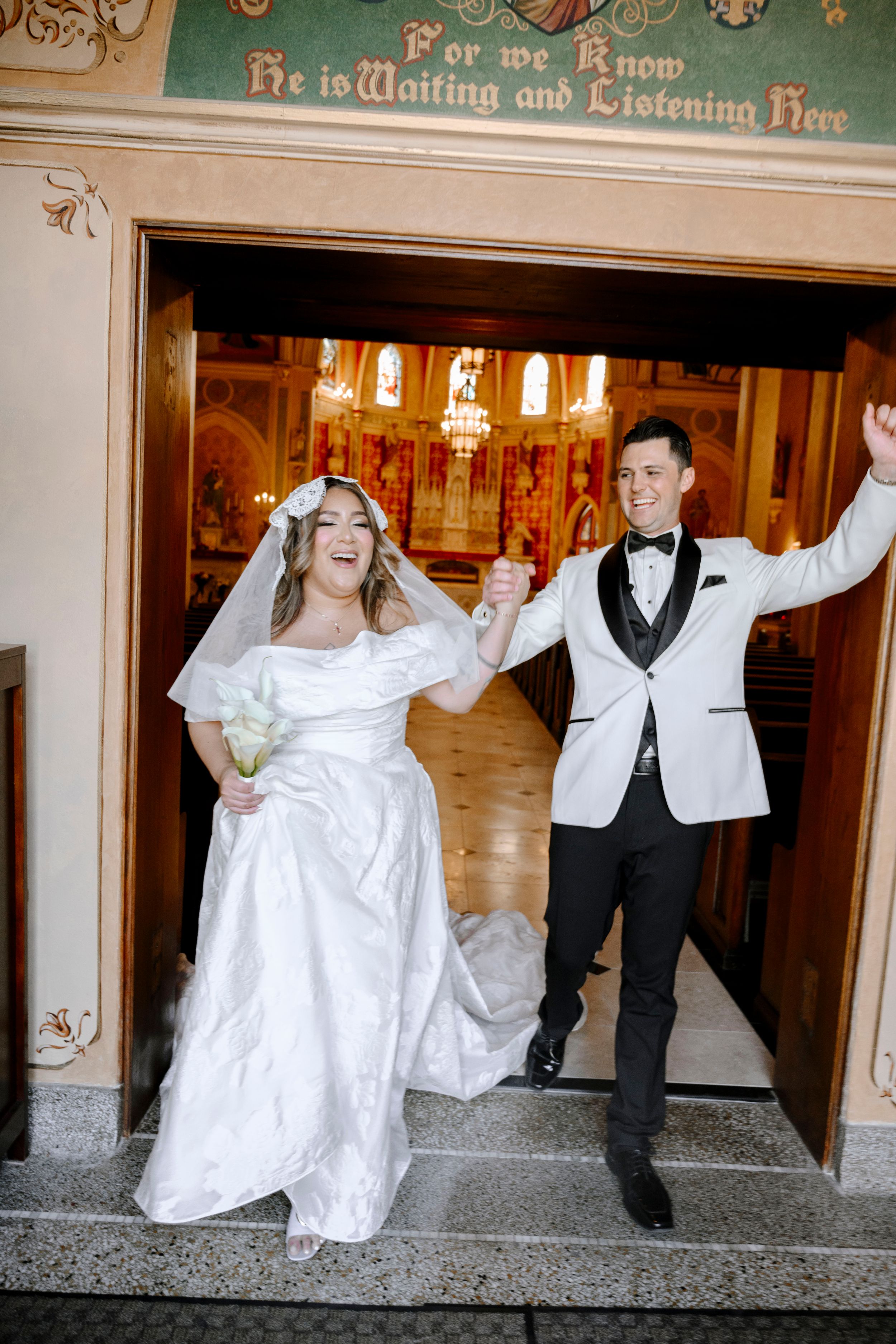 Newlywed couple in wedding attire playfully posing in sequence across four connected photos in venue hallway.