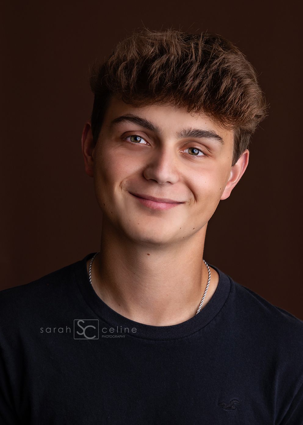 Portrait study against dark background showing subtle head turn progression and changing expressions in black shirt.