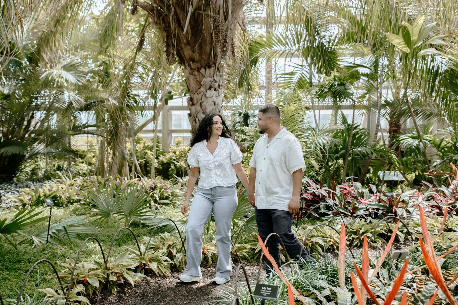 Two people walk through a lush botanical garden filled with palm trees and tropical plants on a sunny day.