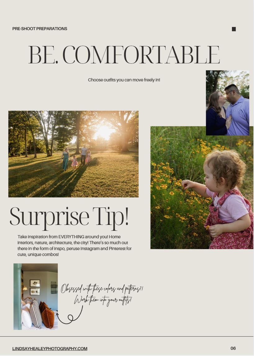 Magazine layout with sunset park photo, floral garden scene, and text saying 'BE COMFORTABLE' in elegant typography.