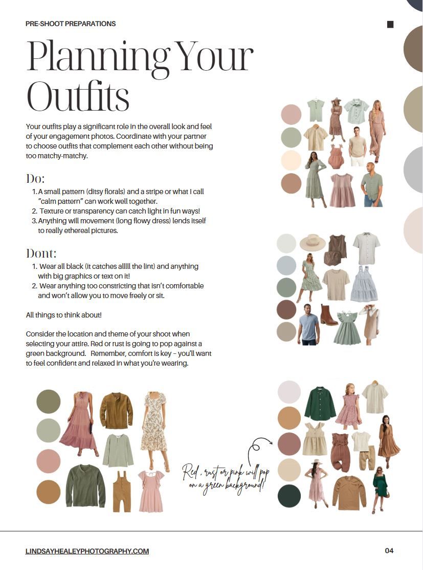 Fashion planning guide page showing outfit combinations and wardrobe tips in muted earth tones and pastels.