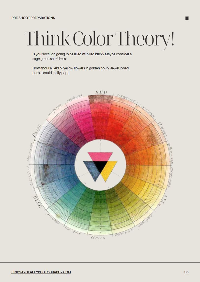 A vintage-style color wheel diagram with 'Think Color Theory!' text showing primary, secondary and tertiary color relationships.