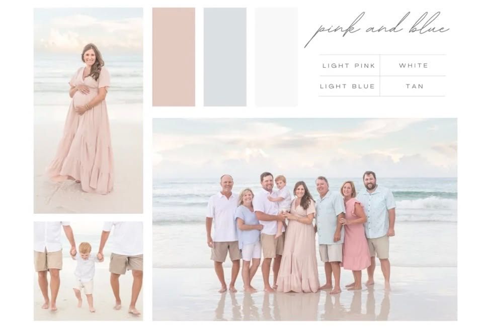 Family beach photo session mood board featuring pink and blue color palette with light pink, white, light blue, and tan tones.