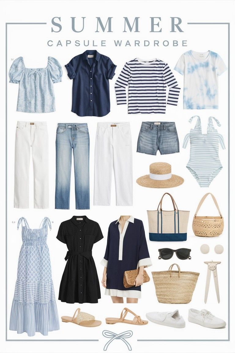A summer capsule wardrobe featuring blue and white tops, denim, white pants, dresses, sandals, sneakers, and straw accessories.