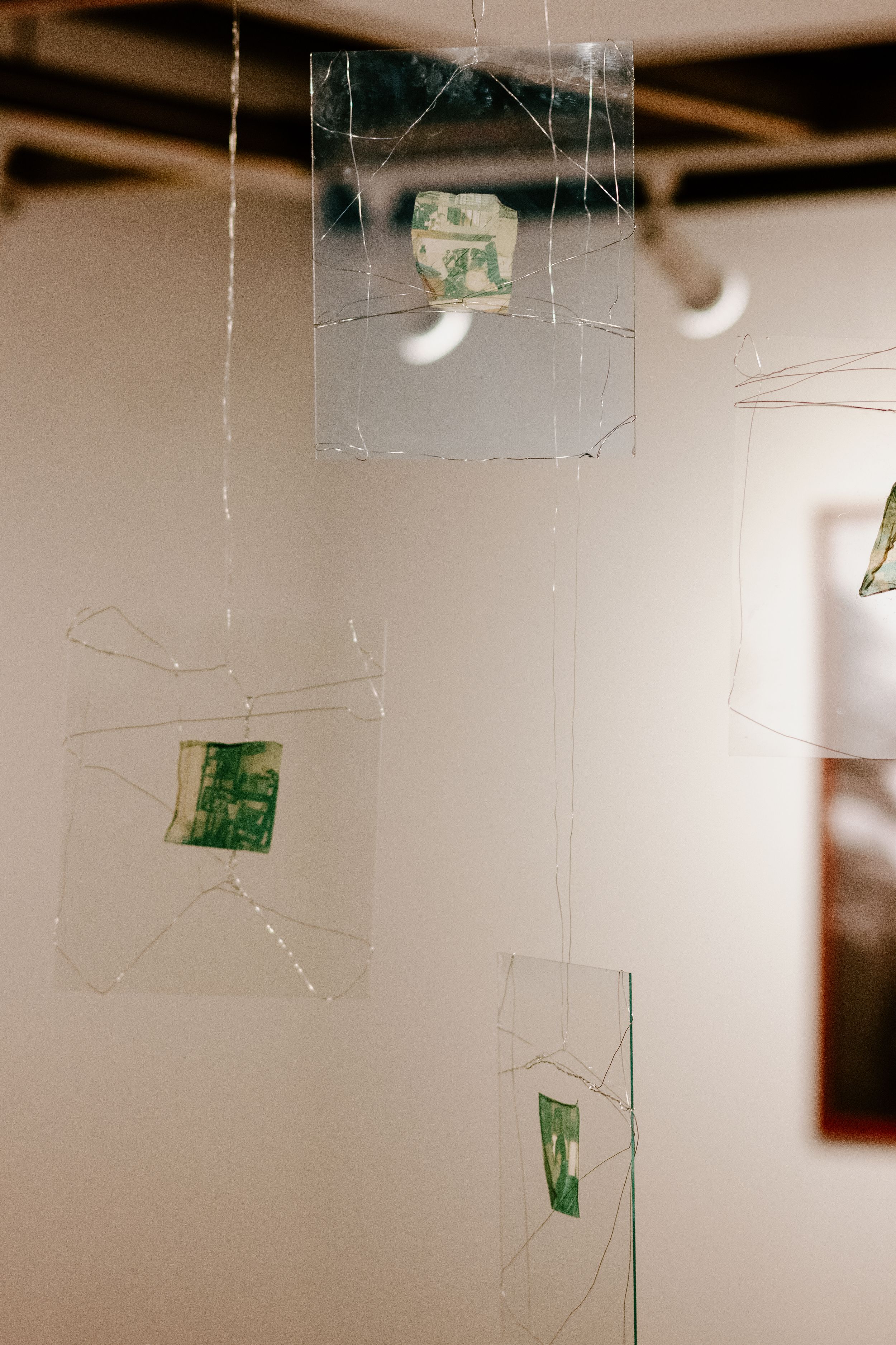 Hanging art installation with green paper pieces trapped between transparent geometric shapes.