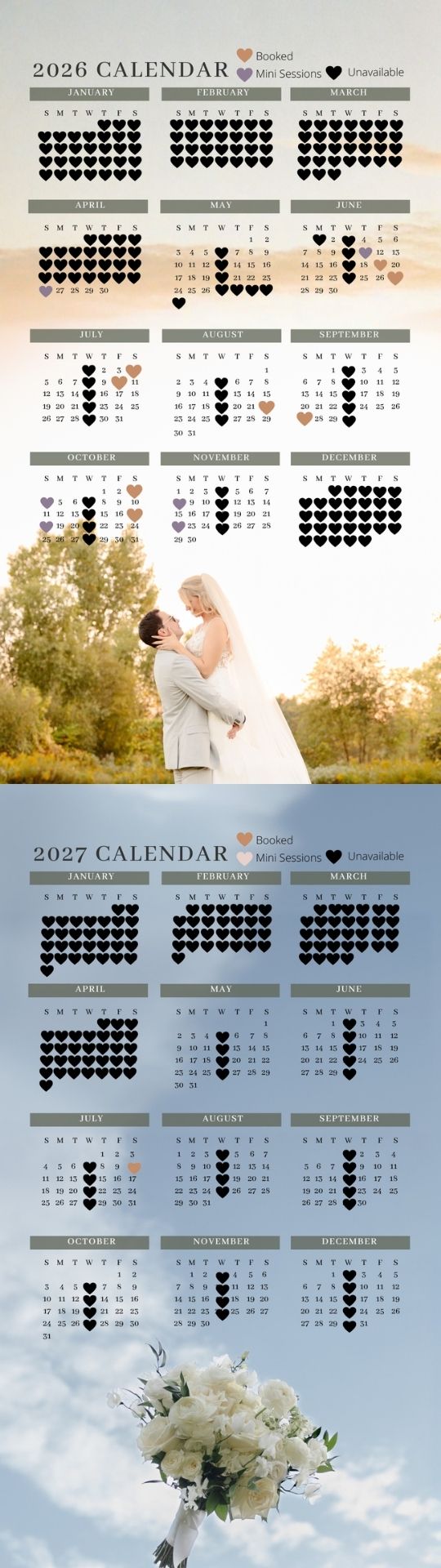 Wedding availability calendar for 2025-2026 showing booked dates with black heart icons and highlighted available dates.