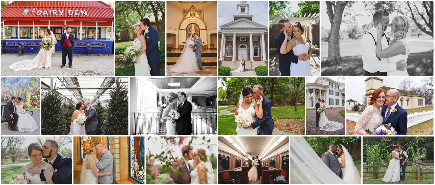 A wedding photo collage featuring various outdoor and indoor ceremony and couple shots.