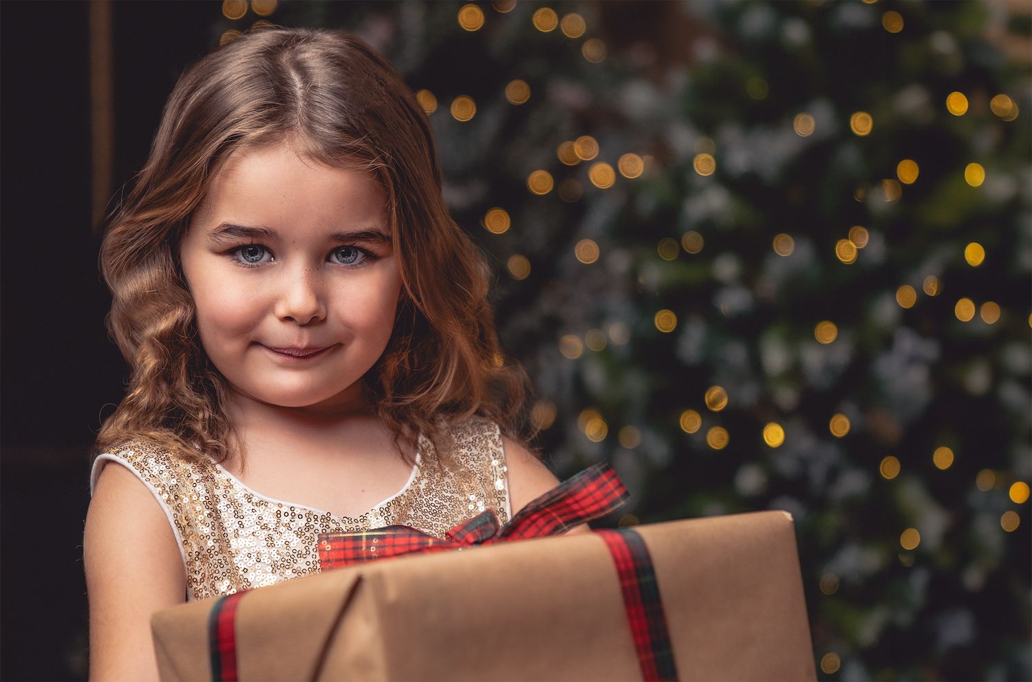 Young girl with beautiful blue-green eyes in front of the Christmas tree