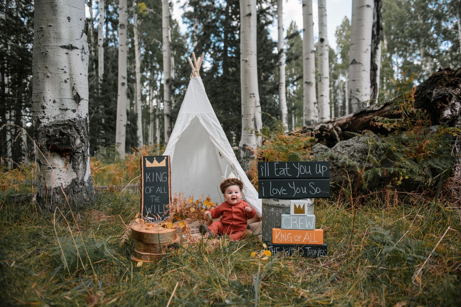 White teepee tent set up in aspen forest with wooden signs and decorations.