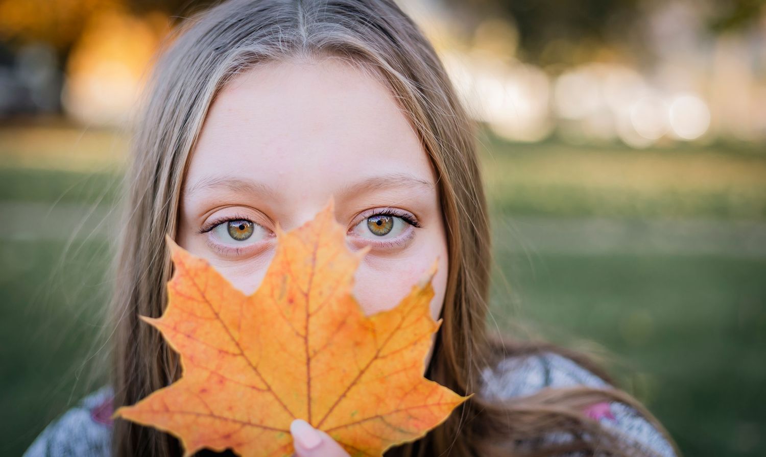 Person holds large yellow maple leaf in front of face against blurred autumn background.