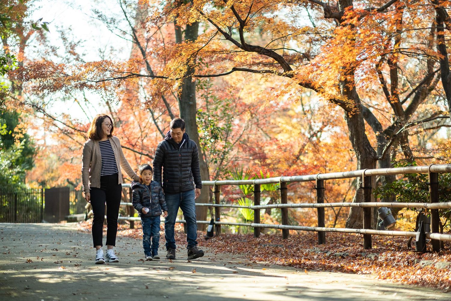 Family of three walking hand in hand along park path surrounded by vibrant autumn foliage.