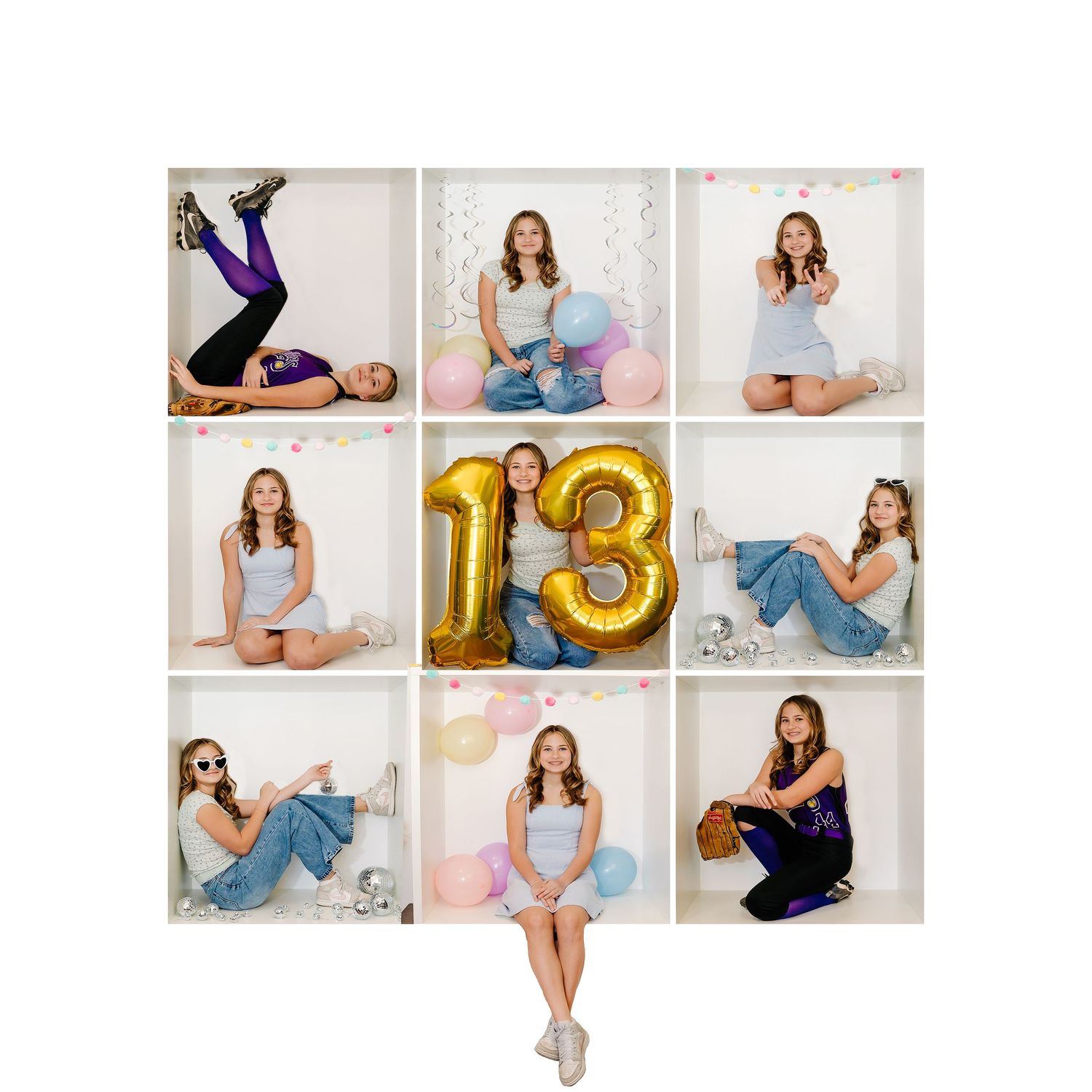 Nine photo grid showing birthday photo shoot with number 13 balloon and pastel decorations.