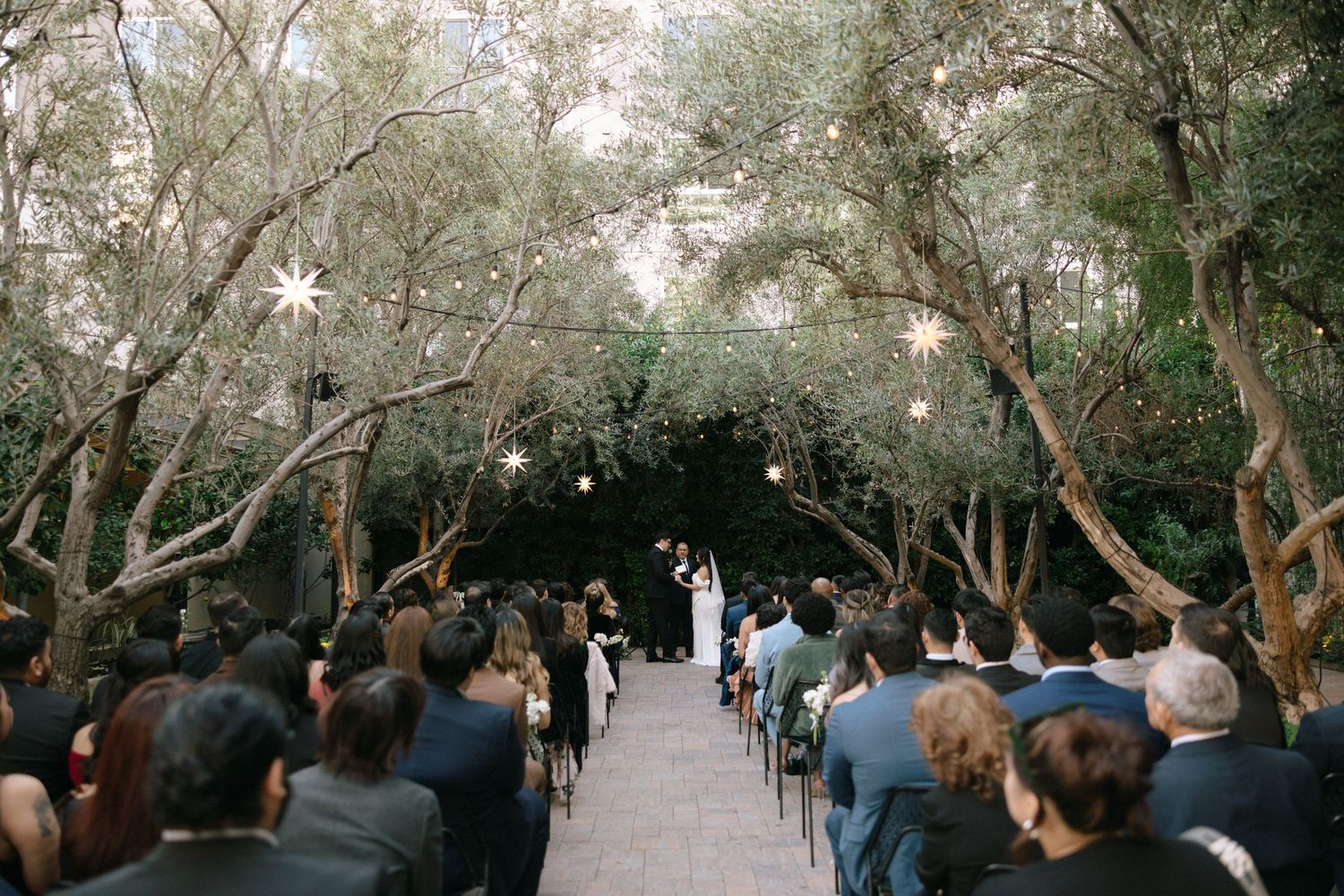 Wedding ceremony in a romantic outdoor grove with string lights and star lanterns hanging from trees.