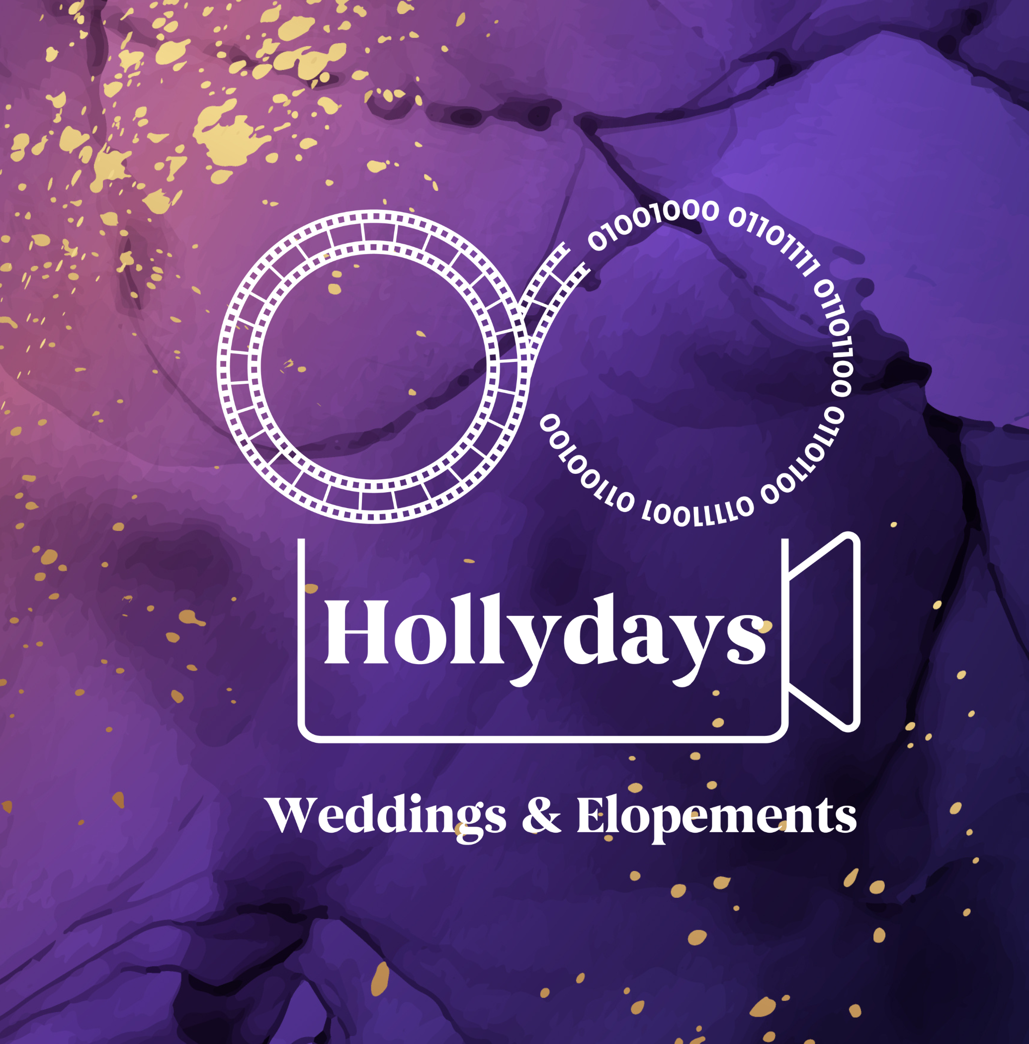 Purple and gold logo design for Hollydays Weddings & Elopements with circular film reel motif.