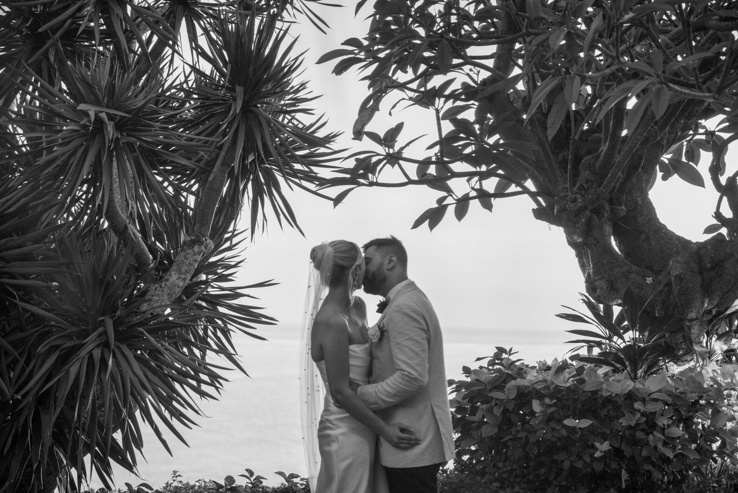 Silhouetted couple sharing a romantic kiss under flowing wedding veil at sunset with dramatic sky in background.