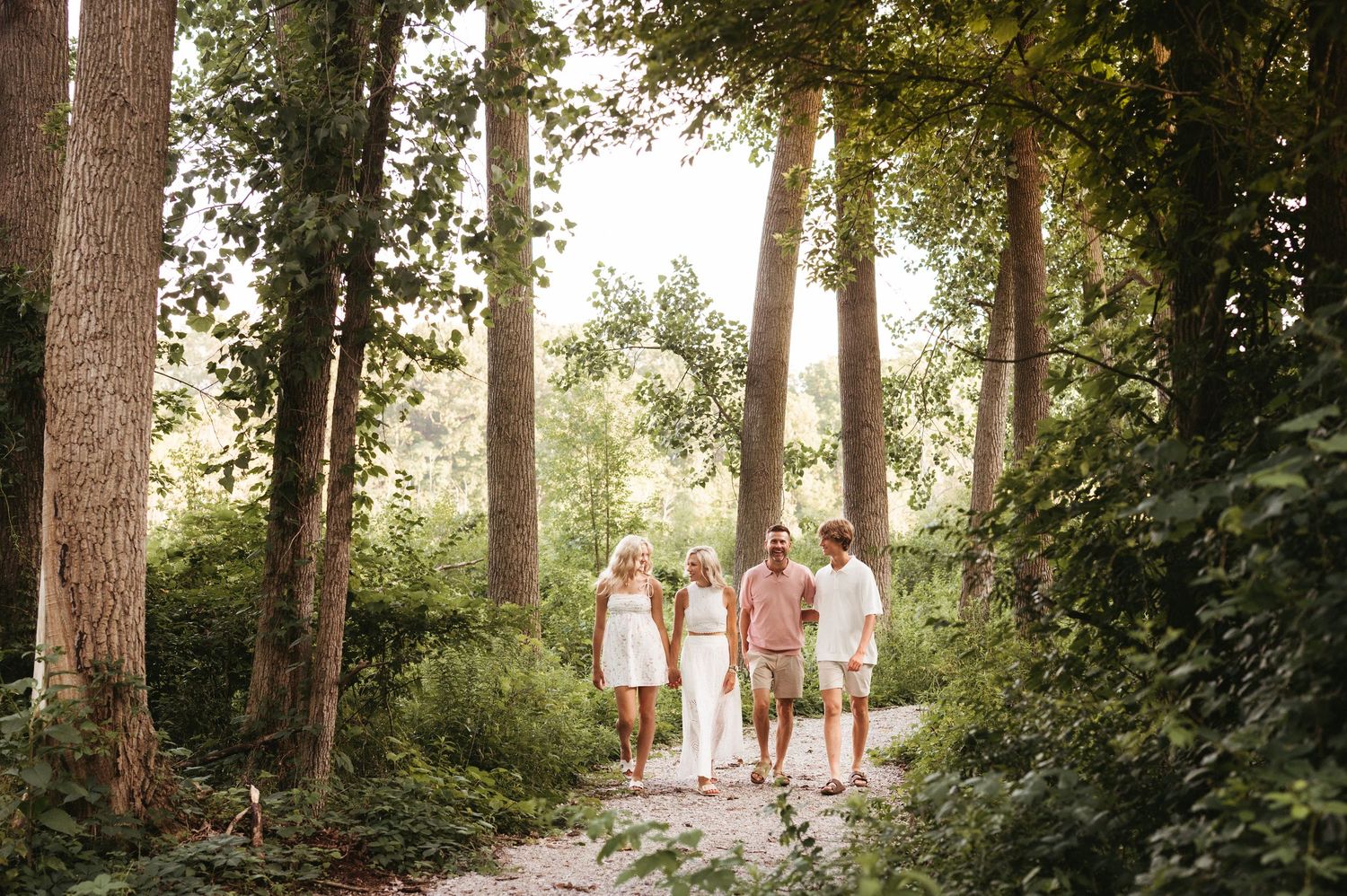 A storyboard sequence of an outdoor family photoshoot in a sunlit forest setting shows four connected moments.