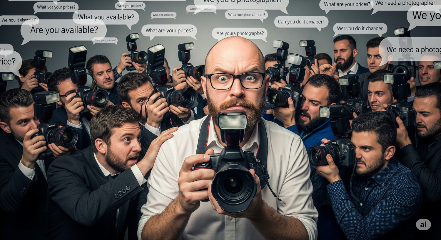 A crowd of photographers holding cameras with one photographer in glasses standing in the centre