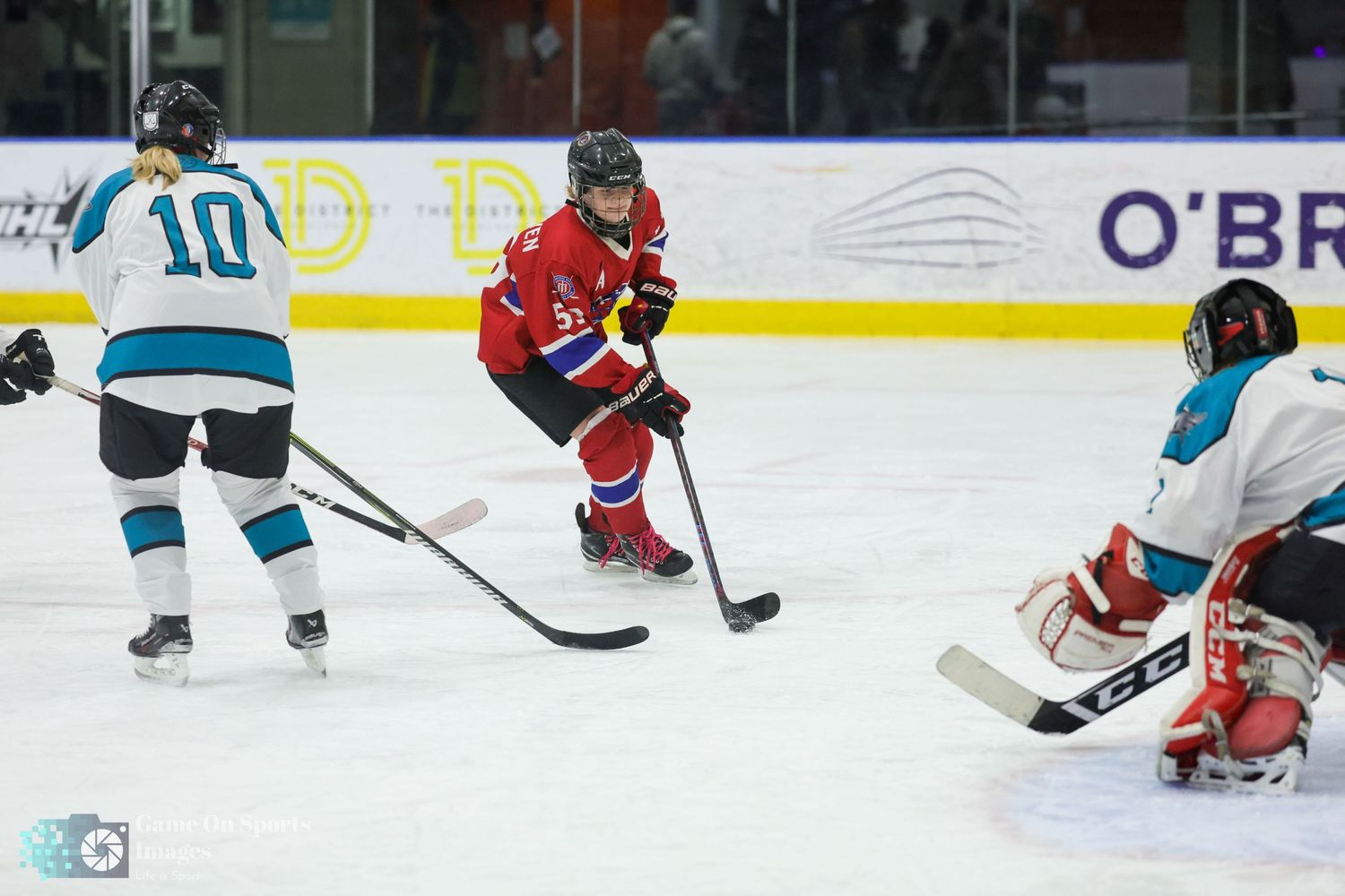 A sequence of hockey action shots showing players skating, shooting, and making saves on the ice rink.