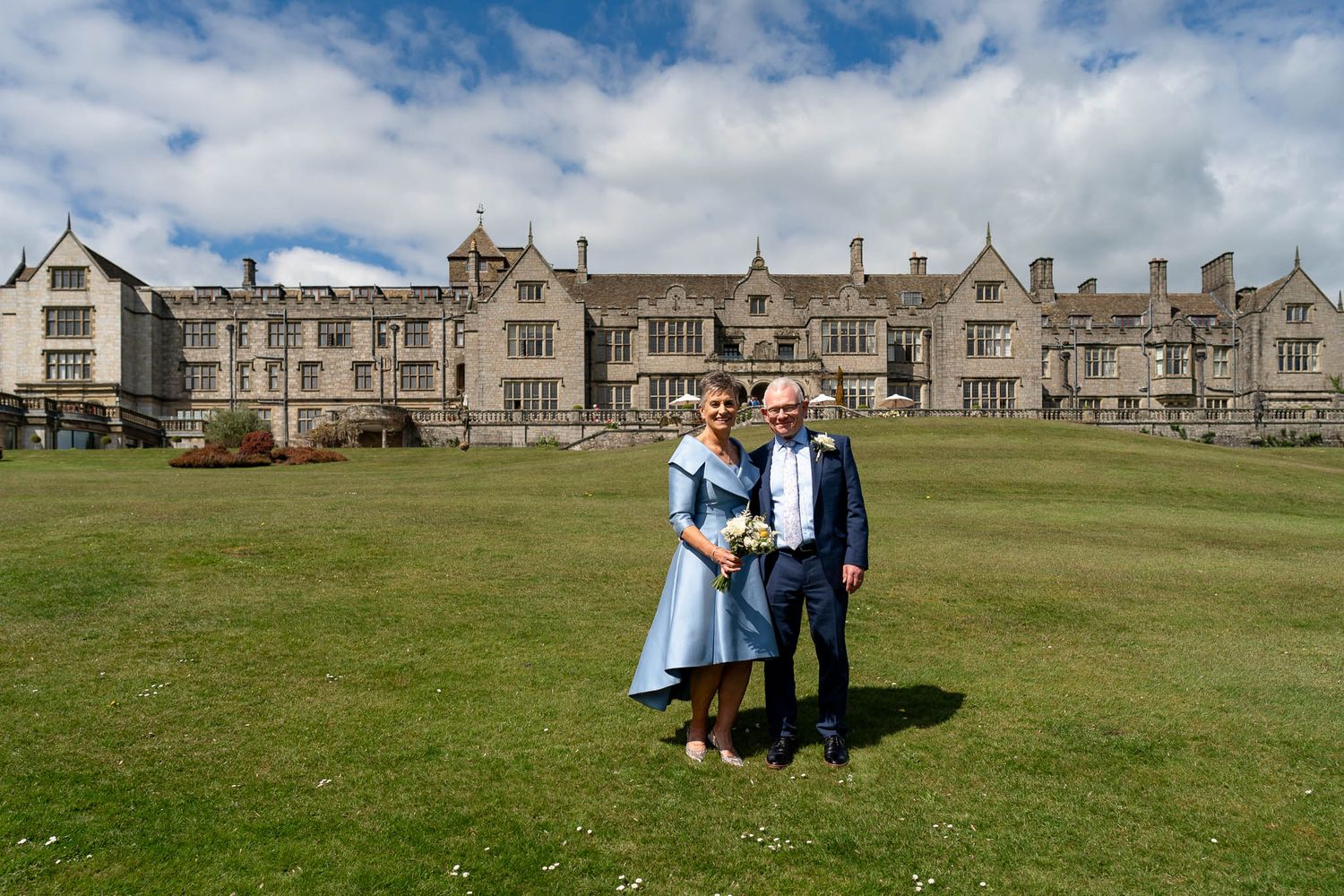 Bride and Groom outside Bovey Castle, Dartmoor Wedding venue