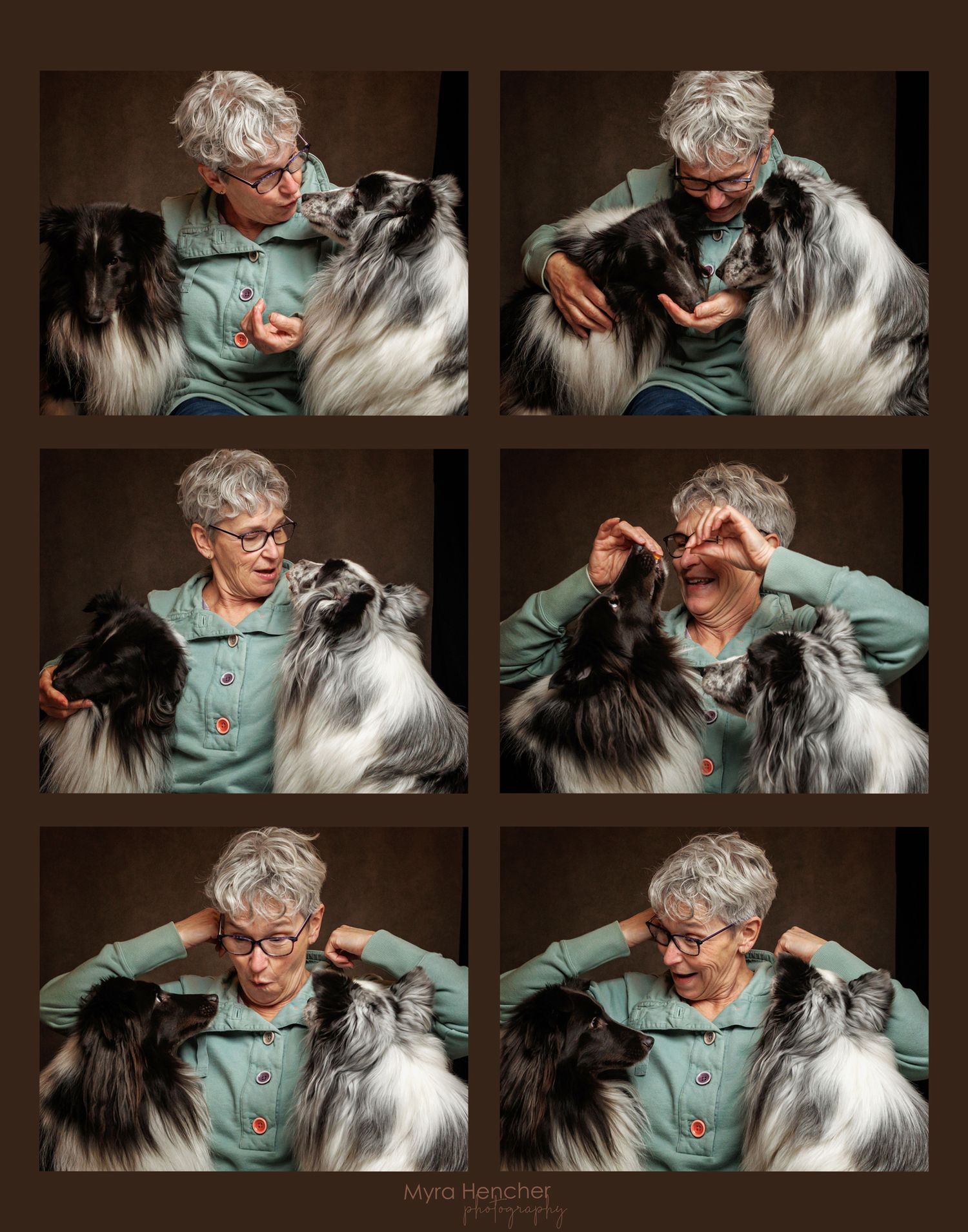 A collage of six photos showing an older woman with gray hair and glasses affectionately interacting with a fluffy black and white dog.