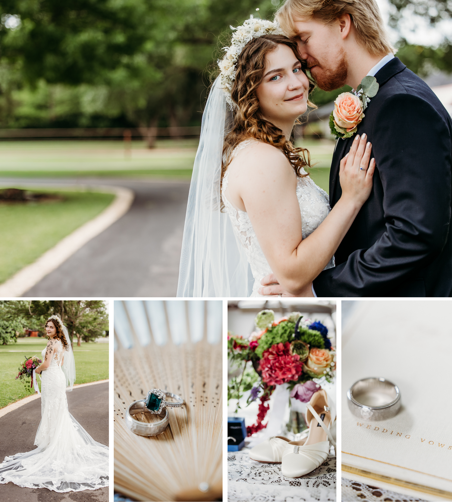 Bride and groom wedding collage featuring couple portrait, bridal gown, rings, bouquet, and white heels on their special day in Fort Worth.