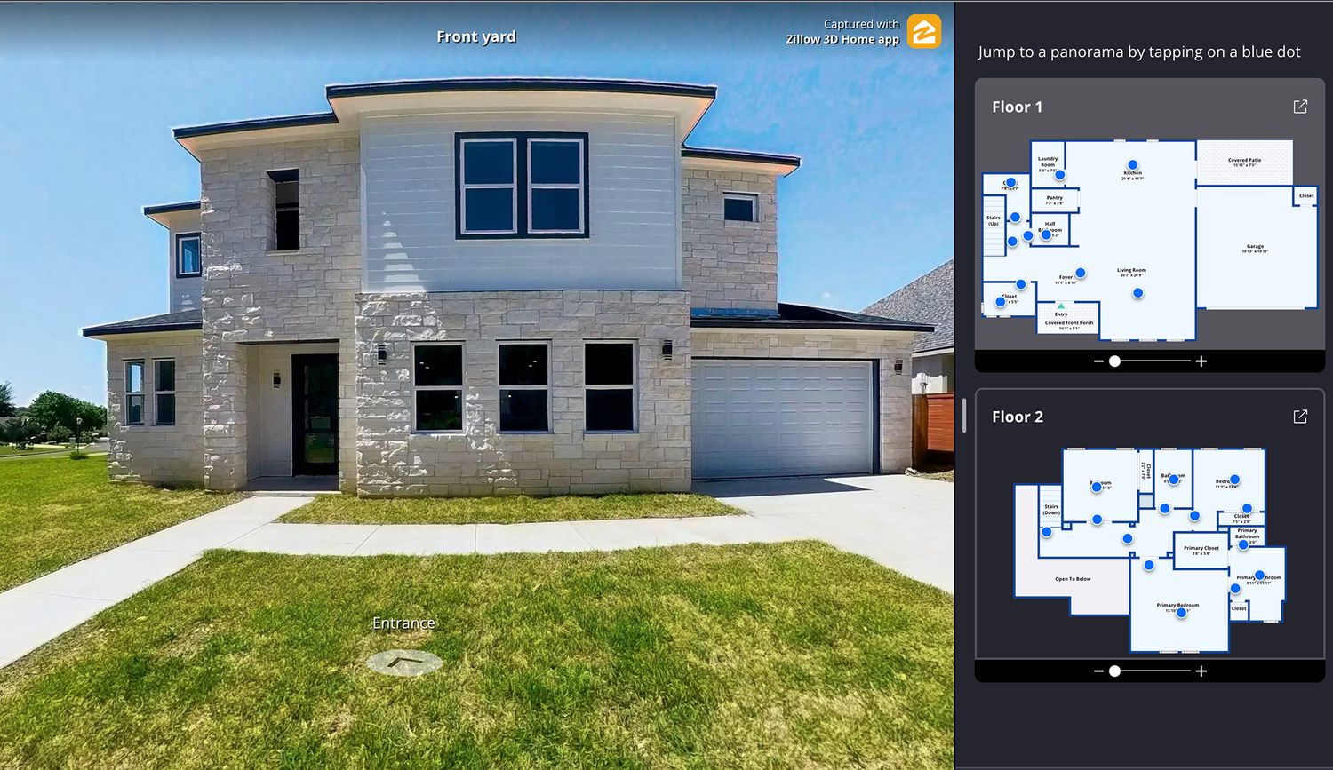Two-story modern stucco home with a two-car garage shown at dusk with warm lighting and in daylight, alongside interactive floor plans.
