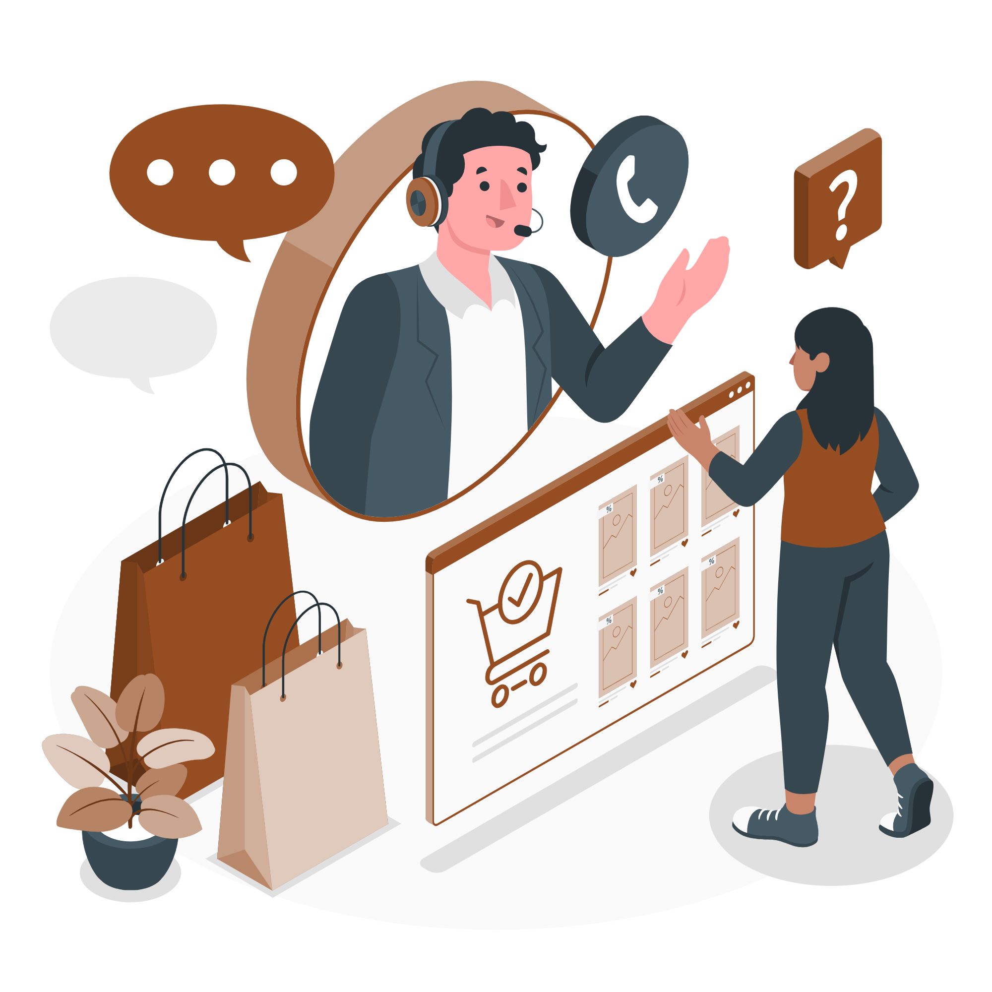 Customer service agent with headset assists woman browsing online shopping interface with product catalog display.