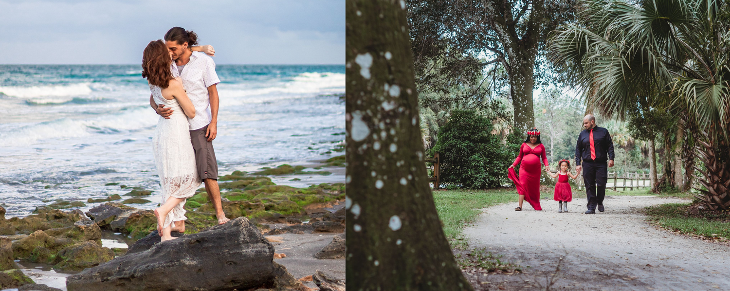 Romantic couple kissing on rocks by the ocean, and a family walking through a lush green park path.