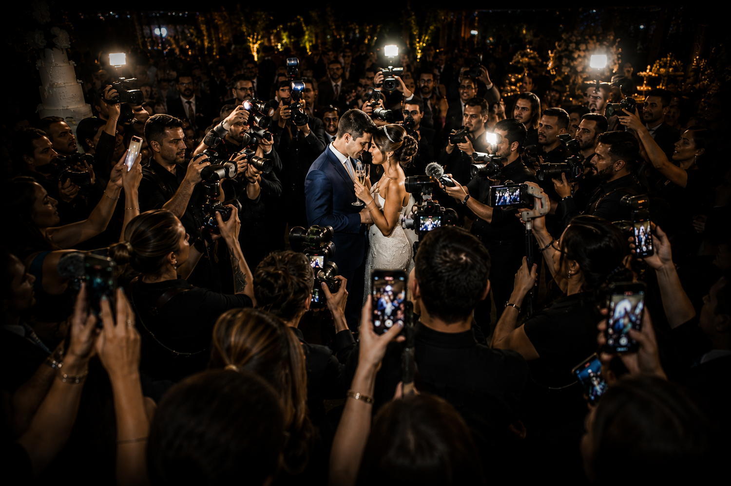 Bride and groom share a kiss surrounded by guests holding sparklers and phones at a nighttime wedding celebration.