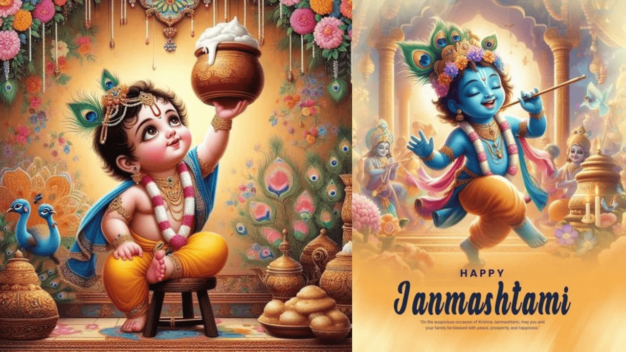 Magic Moments Photography Krishna Janmashtami mini sessions flyer featuring a baby dressed as Lord Krishna, Aug 4-Sep 4.