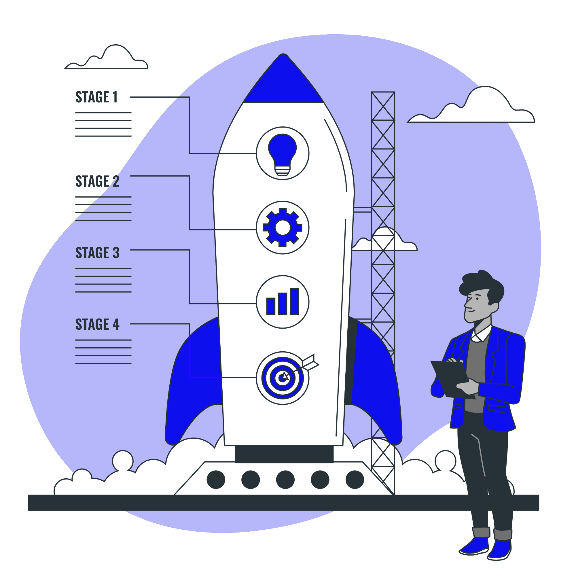 Rocket launch infographic with 4 stages showing icons for idea, settings, analytics, and target with businessman.