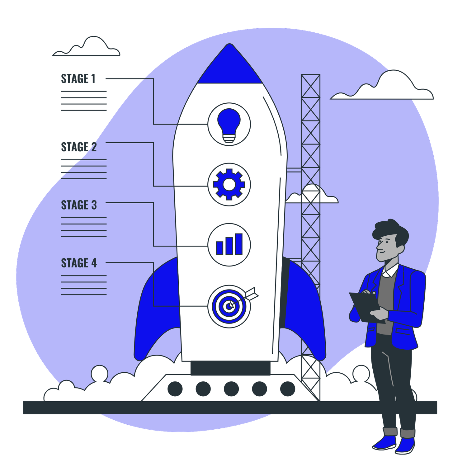 Rocket launch infographic with 4 stages showing icons for idea, settings, analytics, and target with businessman.