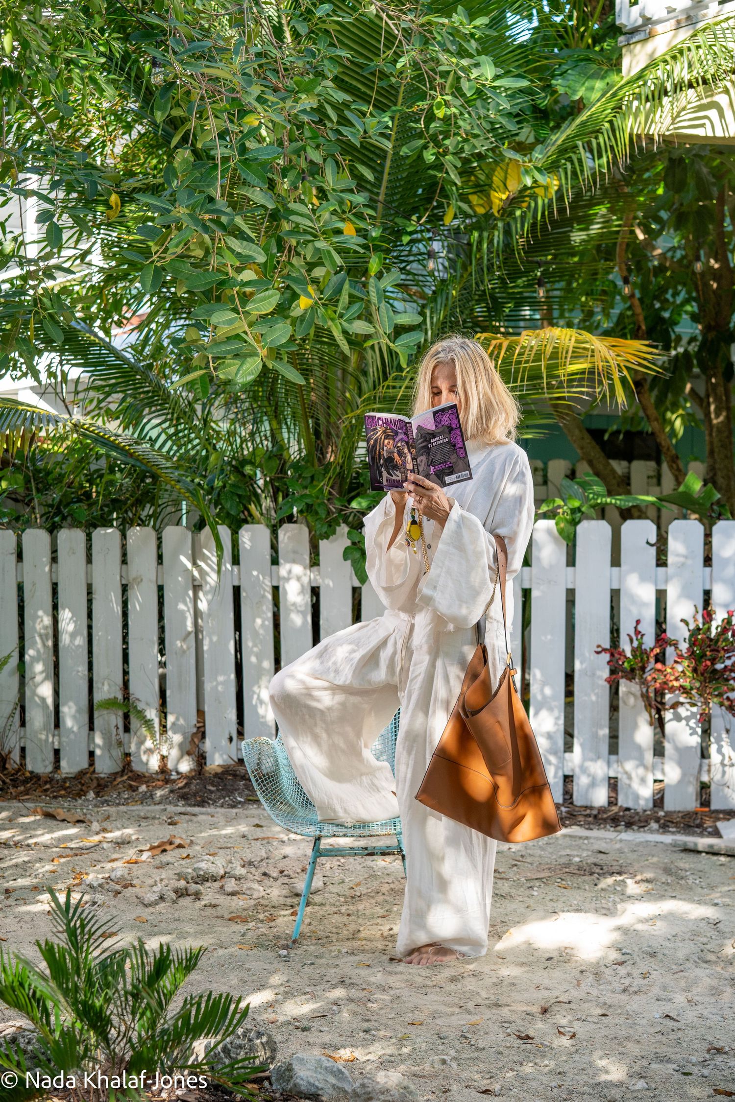 A sequence of photos shows a person in white dress swinging on a tree swing against a white picket fence backdrop.