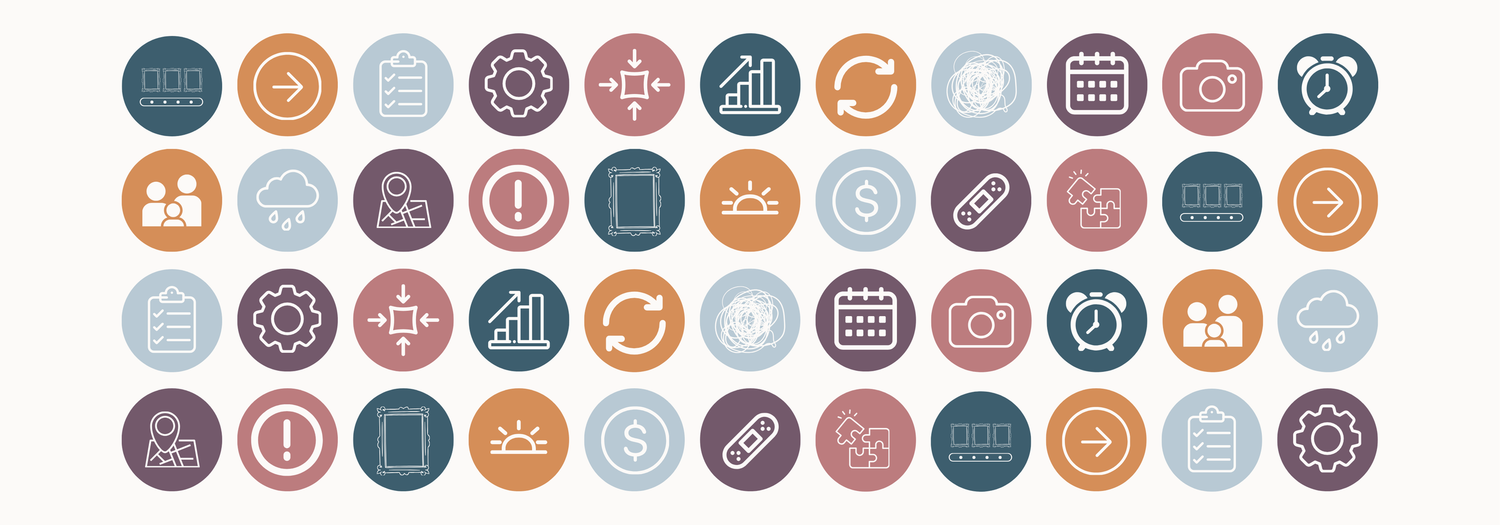 Colorful circular icons set featuring business, productivity, and communication symbols in muted tones for web and app design.