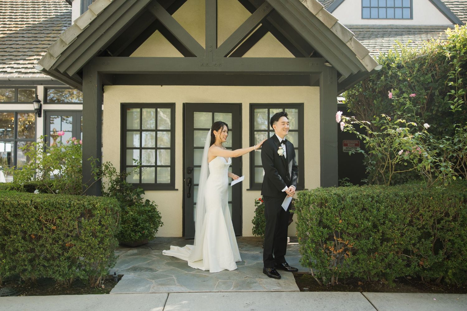 Wedding first look between bride and groom at Summit House in Fullerton, California