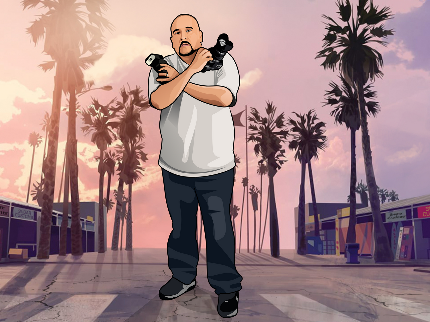 Digital art of photographer on palm tree lined street at sunset.