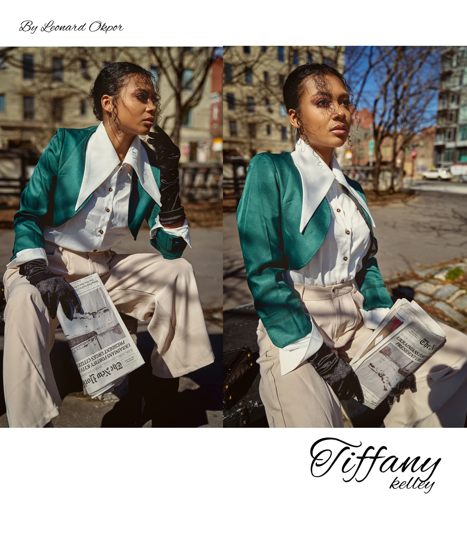 Fashion portrait of model wearing green blazer and white collar in urban setting.