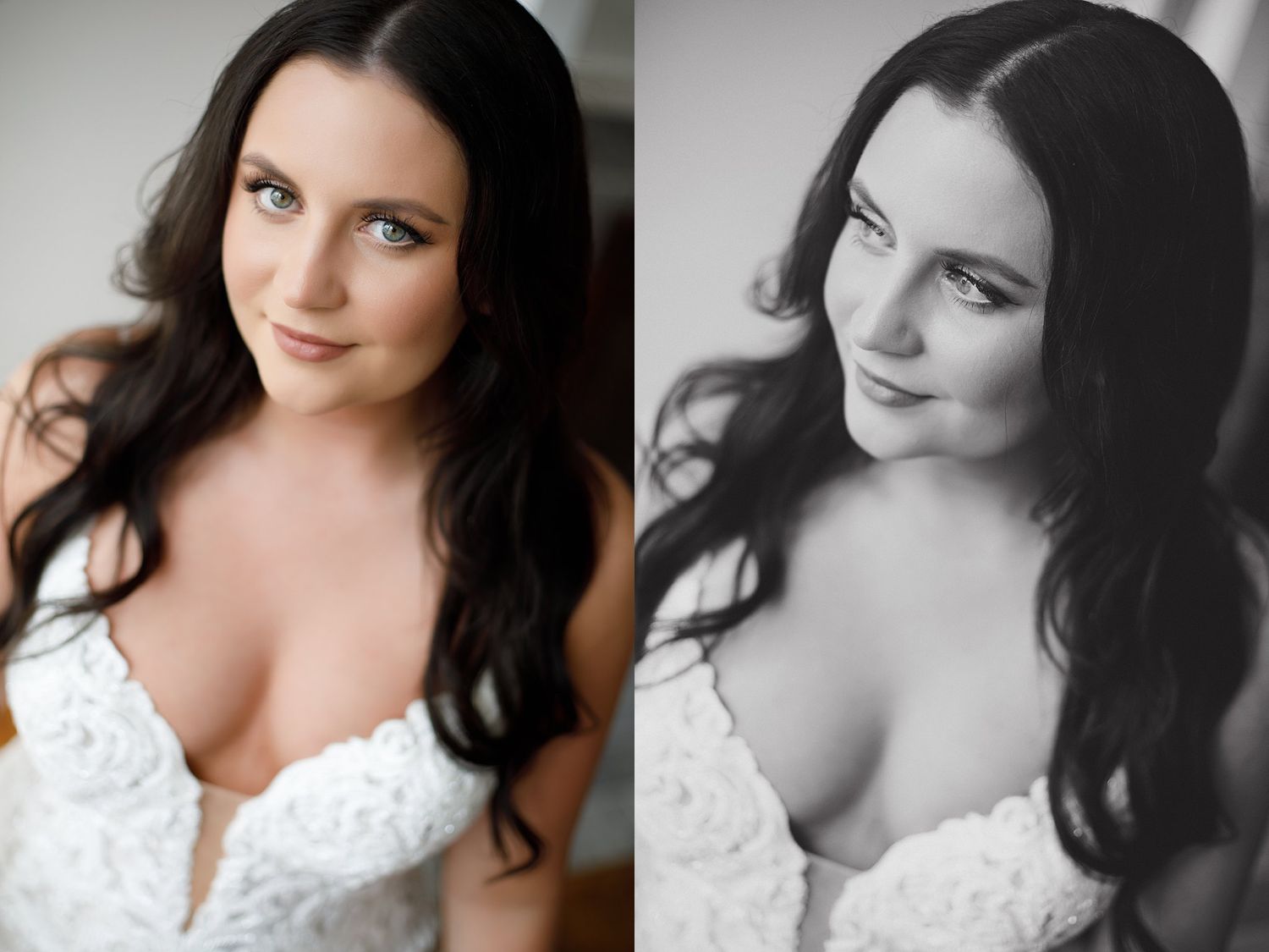Portrait in both color and black and white of woman in white lace dress.