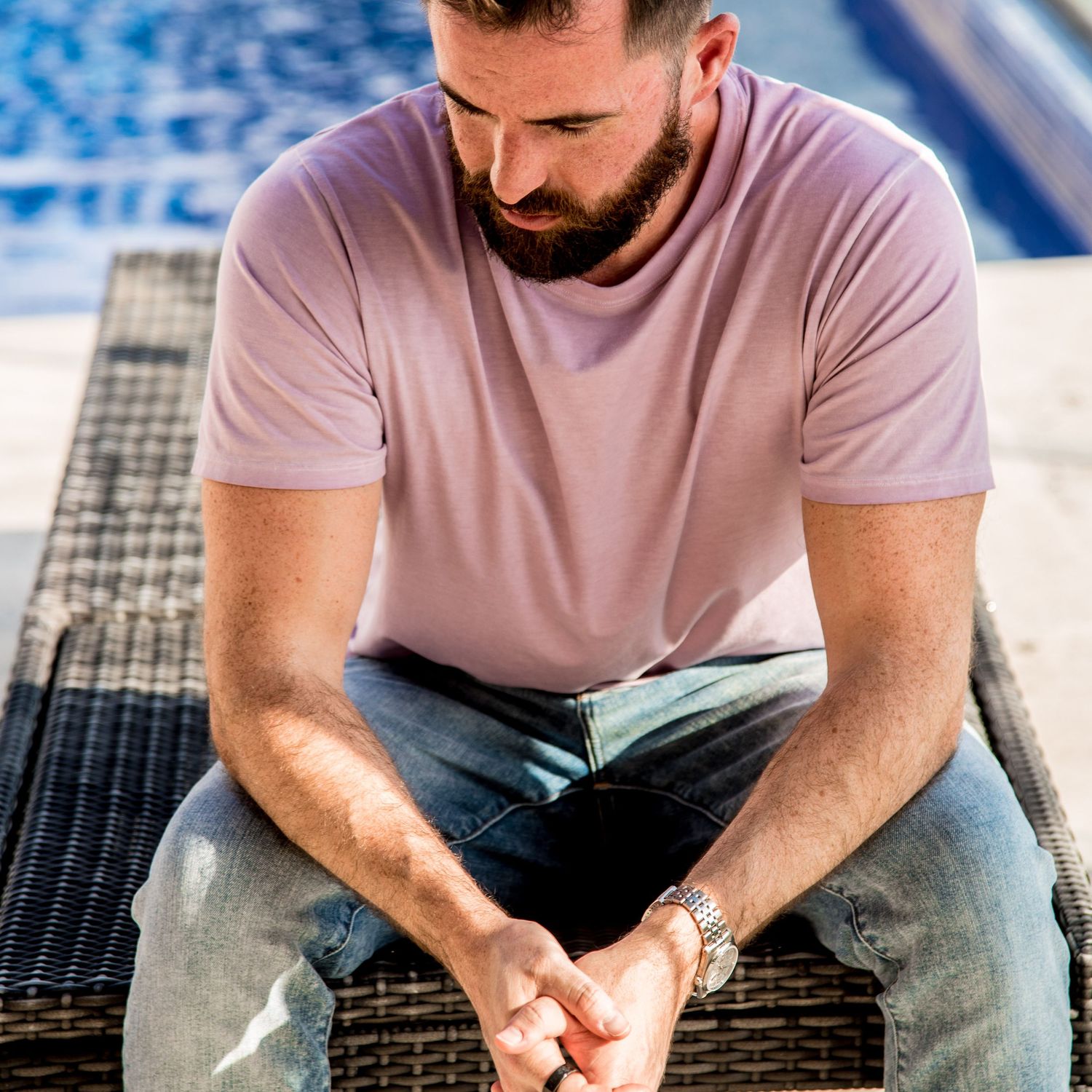 Relaxed portrait of Ben at the rooftop of his apartment by Quinta Avenida in Playa del Carmen