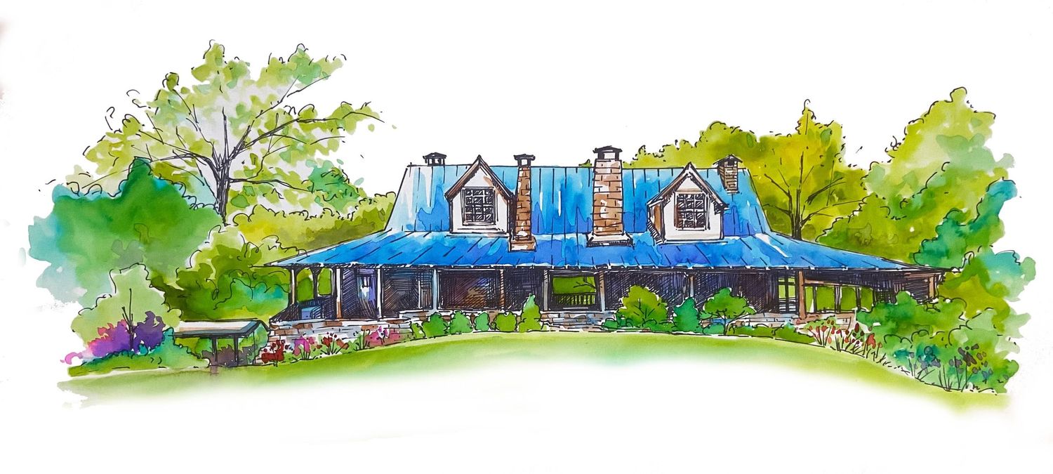 Watercolor illustration of a charming country cottage with blue roof surrounded by lush green trees and gardens.
